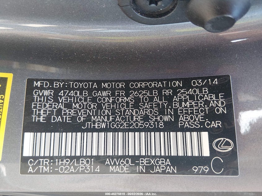 2014 Lexus ES VIN JTHBW1GG2E2059318 IAAI salvage auction — REAR END, Salvage (West Virginia), sold $4,650 on 2026-07-24 (photo 9)