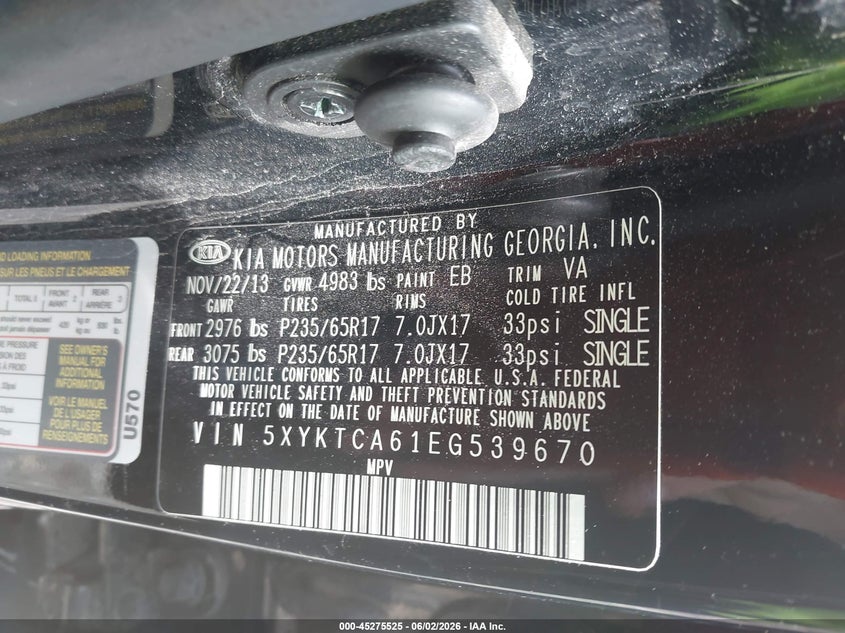2014 Kia Sorento VIN 5XYKTCA61EG539670 IAAI salvage auction — FRONT END, Clear (Tennessee), sold $1,350 on 2026-07-30 (photo 9)