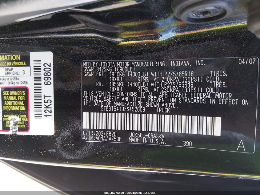 2007 Toyota Tundra VIN 5TBBT54197S452609 IAAI salvage auction — RIGHT FRONT, Salvage (Connecticut), sold $2,350 on 2026-07-13 (photo 9)