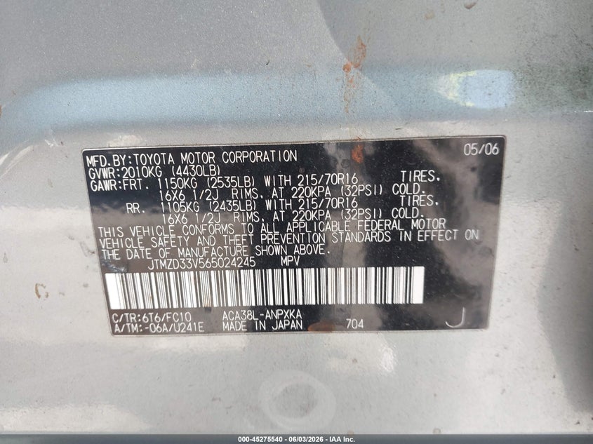 2006 Toyota Rav4 VIN JTMZD33V565024245 IAAI salvage auction — FRONT & REAR, Salvage (Idaho), sold $450 on 2026-07-15 (photo 9)