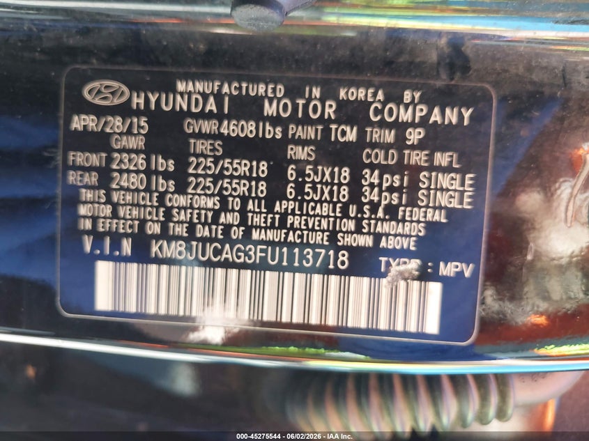 2015 Hyundai Tucson VIN KM8JUCAG3FU113718 IAAI salvage auction — UNDERCARRIAGE, Salvage Title, sold $1,050 on 2026-07-16 (photo 9)