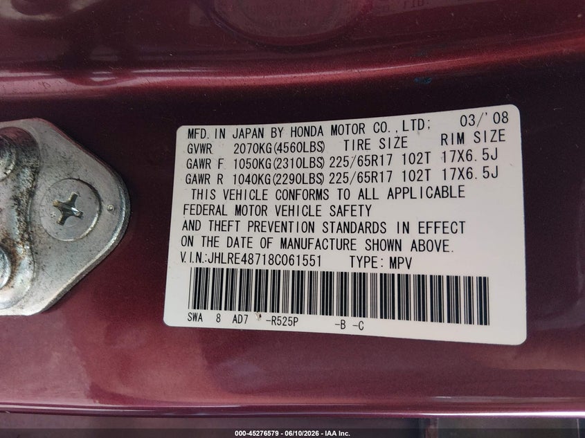 2008 Honda Cr-v VIN JHLRE48718C061551 IAAI salvage auction — RIGHT FRONT, Clear (Montana), sold $75 on 2026-07-29 (photo 9)