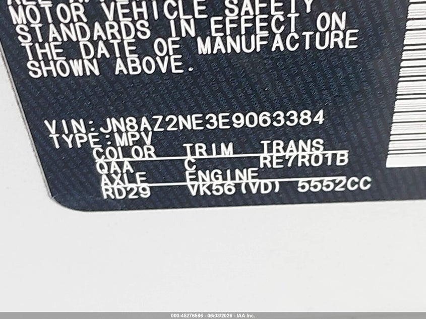 2014 Infiniti Qx80 VIN JN8AZ2NE3E9063384 IAAI salvage auction — NORMAL WEAR, Original (Texas), sold $1,325 on 2026-07-10 (photo 9)