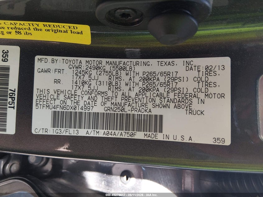 2013 Toyota Tacoma VIN 5TFMU4FN6DX014997 IAAI salvage auction — LEFT FRONT, Salvage Title, sold $5,900 on 2026-07-24 (photo 9)