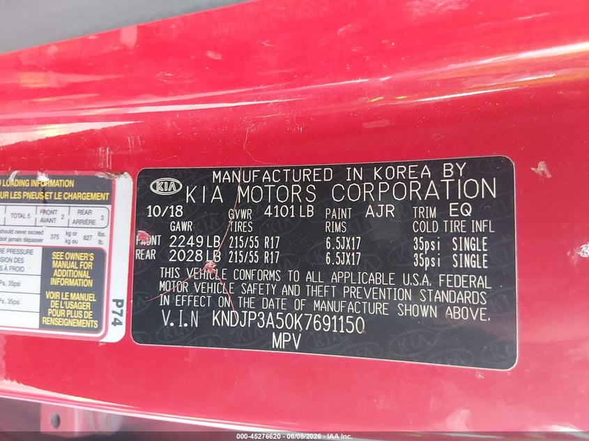 2019 Kia Soul VIN KNDJP3A50K7691150 IAAI salvage auction — NORMAL WEAR, Salvage Title, sold $875 on 2026-07-08 (photo 9)