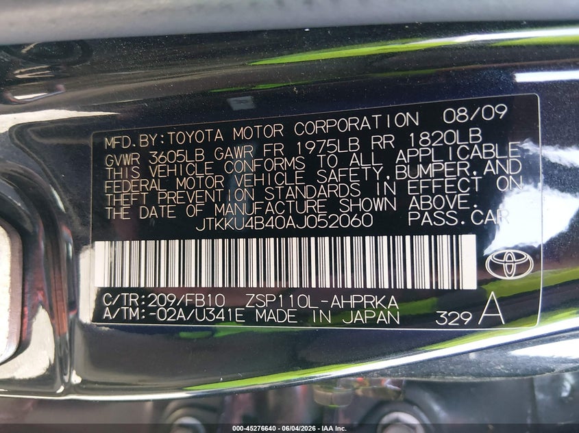 2010 Scion Xd VIN JTKKU4B40AJ052060 IAAI salvage auction — LEFT FRONT, Salvage (South Carolina), sold $900 on 2026-07-08 (photo 9)