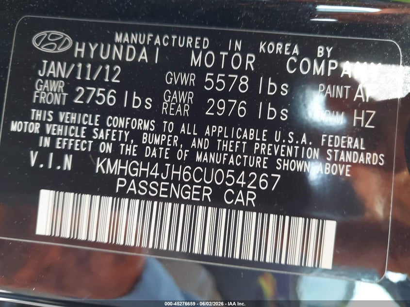 2012 Hyundai Equus VIN KMHGH4JH6CU054267 IAAI salvage auction — NORMAL WEAR, Clear - Dealer Only (California), sold $825 on 2026-07-14 (photo 9)