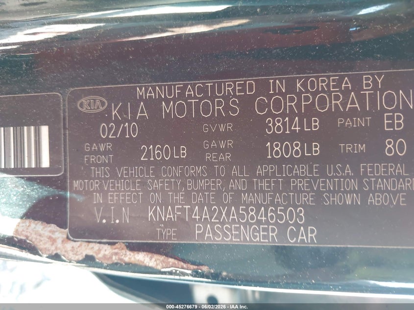2010 Kia Forte VIN KNAFT4A2XA5846503 IAAI salvage auction — SIDE, Salvage (Alabama), sold $350 on 2026-07-14 (photo 9)