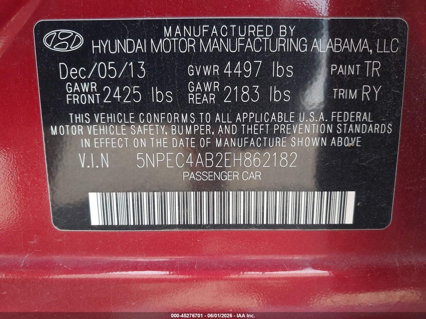 2014 Hyundai Sonata VIN 5NPEC4AB2EH862182 IAAI salvage auction — NORMAL WEAR, Clear (Pennsylvania), sold $375 on 2026-07-15 (photo 9)