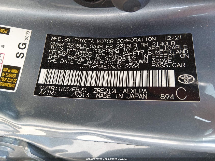 2022 Toyota Corolla VIN JTDVPMAE1NJ212264 IAAI salvage auction — LEFT SIDE, Salvage Title, sold $4,050 on 2026-07-22 (photo 9)