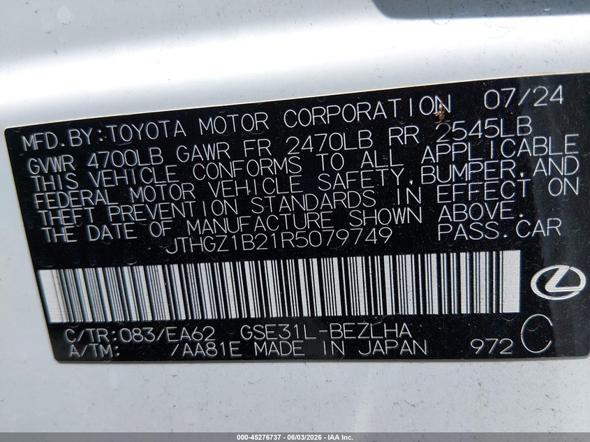 2024 Lexus Is VIN JTHGZ1B21R5079749 IAAI salvage auction — FRONT & REAR, Salvage Title, sold $7,350 on 2026-07-16 (photo 9)