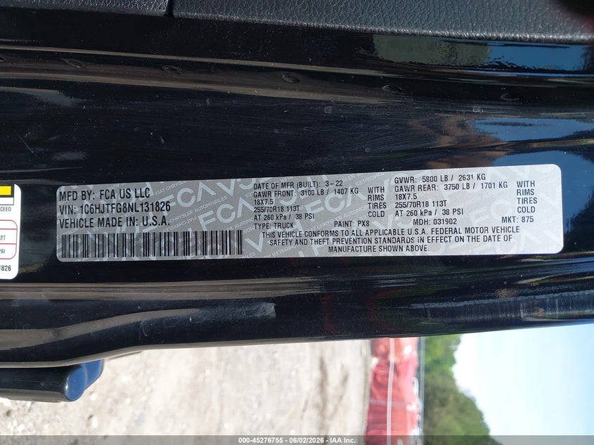 2022 Jeep Gladiator VIN 1C6HJTFG8NL131826 IAAI salvage auction — RIGHT SIDE, Salvage (Georgia), sold $11,300 on 2026-07-31 (photo 9)