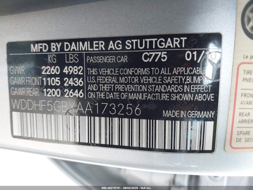 2010 Mercedes-benz E-klasse VIN WDDHF5GBXAA173256 IAAI salvage auction — FRONT END, Salvage (Texas), sold $925 on 2026-07-06 (photo 9)
