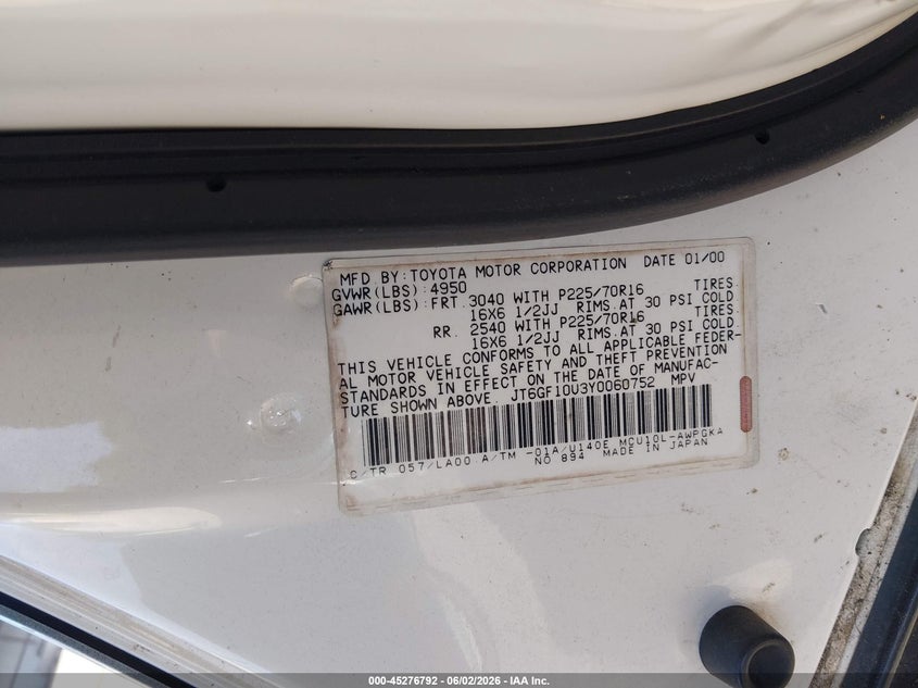 2000 Lexus Rx 300 VIN JT6GF10U3Y0060752 IAAI salvage auction — FRONT END, Salvage (Tennessee), sold $300 on 2026-07-15 (photo 9)