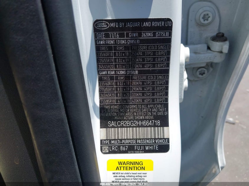 2017 Land rover Discovery sport VIN SALCR2BG2HH664718 IAAI salvage auction — RIGHT SIDE, Salvage (North Carolina), sold $3,550 on 2026-07-29 (photo 9)