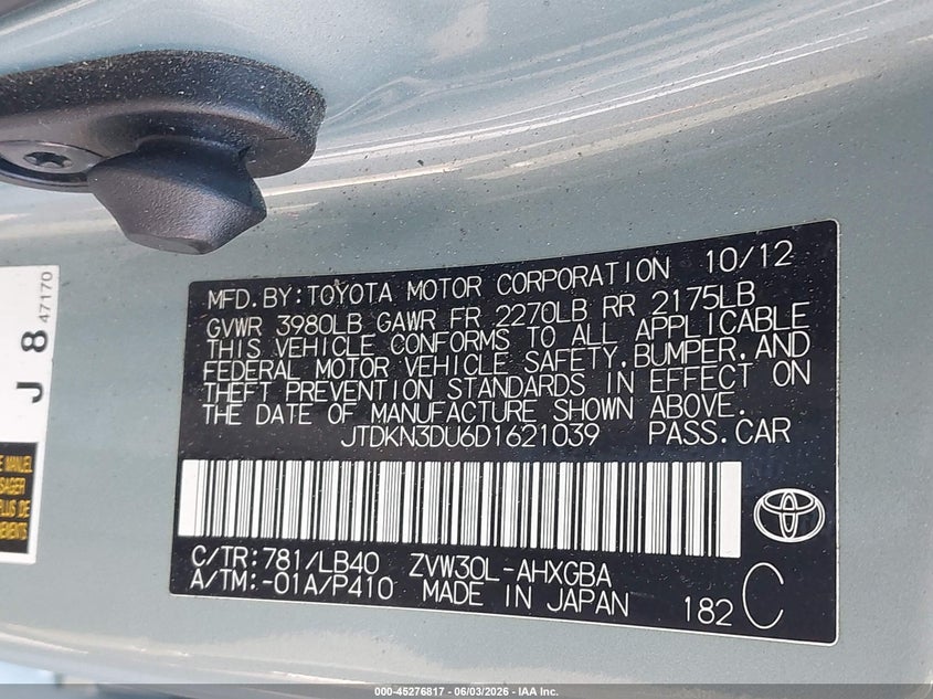 2013 Toyota Prius VIN JTDKN3DU6D1621039 IAAI salvage auction — NORMAL WEAR, Clear (Georgia), sold $1,475 on 2026-07-08 (photo 9)