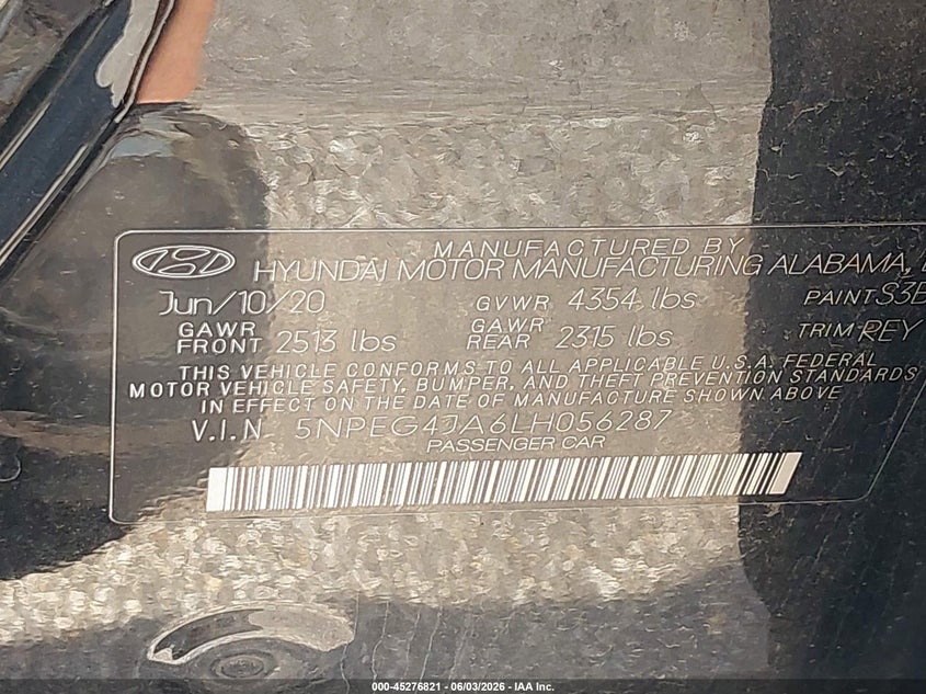 2020 Hyundai Sonata VIN 5NPEG4JA6LH056287 IAAI salvage auction — FRONT END, Salvage Title, sold $3,650 on 2026-07-16 (photo 9)