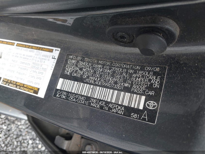 2009 Toyota Corolla VIN JTDBL40E999073301 IAAI salvage auction — ROLLOVER, Salvage (South Carolina), sold $625 on 2026-07-07 (photo 9)