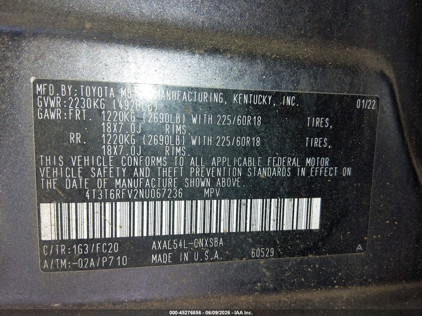 2022 Toyota Rav 4 VIN 4T3T6RFV2NU067236 IAAI salvage auction — FRONT END, Salvage (Colorado), sold $10,300 on 2026-08-01 (photo 9)