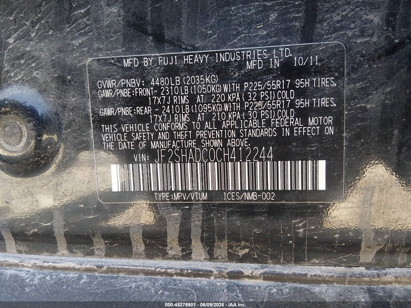 2012 Subaru Forester VIN JF2SHADC0CH412244 IAAI salvage auction — NORMAL WEAR, Salvage Title, sold $125 on 2026-07-23 (photo 9)