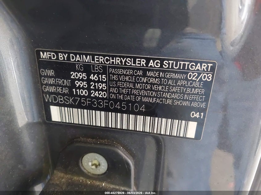 2003 Mercedes-benz Sl-class VIN WDBSK75F33F045104 IAAI salvage auction — FRONT END, Bill Of Sale (Colorado), sold $225 on 2026-07-22 (photo 9)