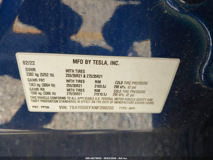 2022 Tesla Model y VIN 7SAYGDEFXNF390202 IAAI salvage auction — FRONT END, Salvage Title, sold $11,125 on 2026-07-14 (photo 9)