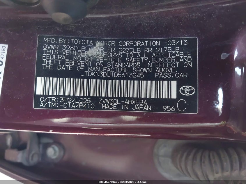 2013 Toyota Prius VIN JTDKN3DU1D5613245 IAAI salvage auction — FRONT END, Salvage Title, sold $1,400 on 2026-07-15 (photo 9)