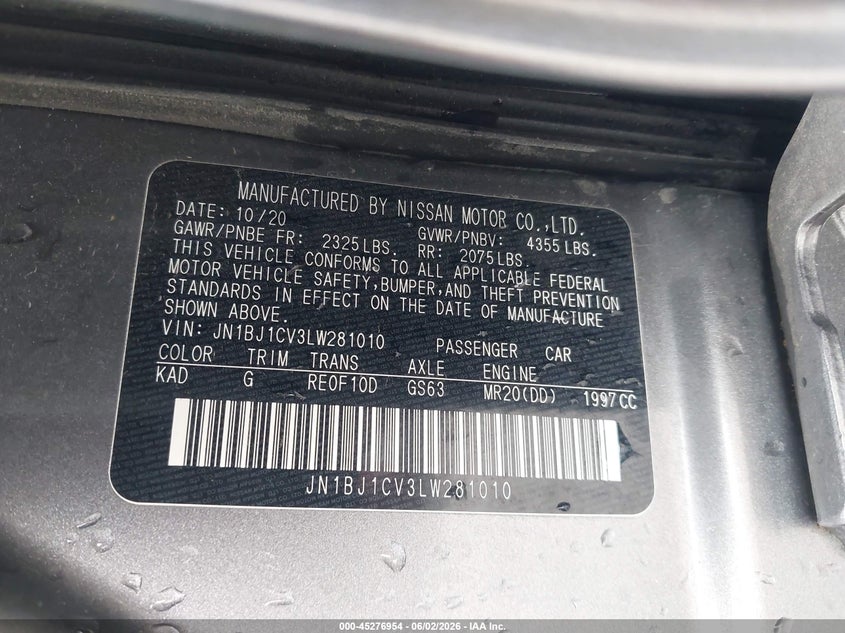 2020 Nissan Rogue VIN JN1BJ1CV3LW281010 IAAI salvage auction — SIDE, Salvage Title, sold $2,875 on 2026-07-21 (photo 9)