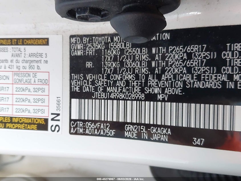 2008 Toyota 4runner VIN JTEBU14R98K028998 IAAI salvage auction — LEFT FRONT, Salvage (Minnesota), sold $75 on 2026-07-31 (photo 9)