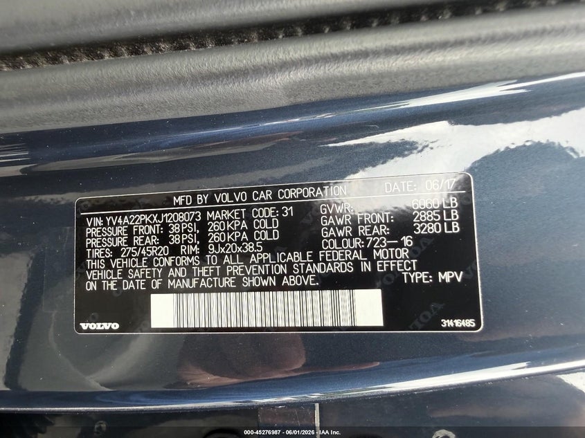 2018 Volvo Xc90 VIN YV4A22PKXJ1208073 IAAI salvage auction — NORMAL WEAR, Clear (Indiana), sold $6,000 on 2026-07-08 (photo 9)