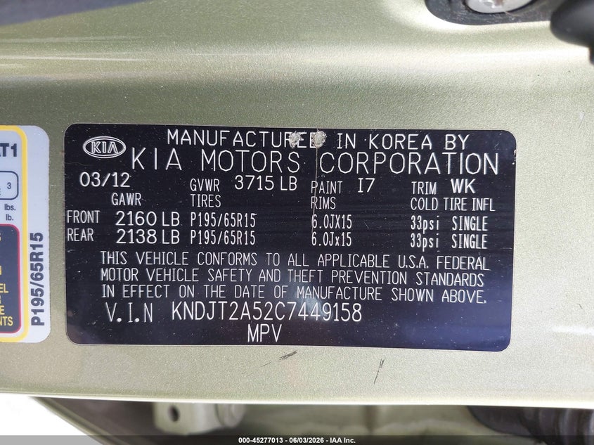 2012 Kia Soul VIN KNDJT2A52C7449158 IAAI salvage auction — NORMAL WEAR, Salvage Title, sold $325 on 2026-07-22 (photo 9)