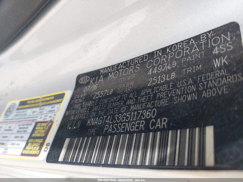 2016 Kia Optima VIN KNAGT4L33G5117360 IAAI salvage auction — NORMAL WEAR, Original (Texas), sold $1,075 on 2026-07-13 (photo 9)