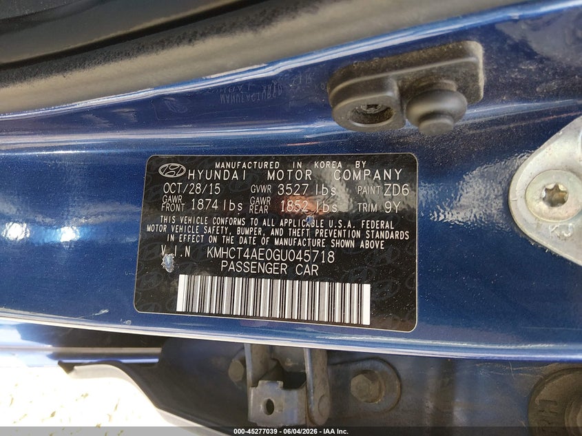 2016 Hyundai Accent VIN KMHCT4AE0GU045718 IAAI salvage auction — RIGHT SIDE, Salvage (Illinois), sold $500 on 2026-07-08 (photo 9)