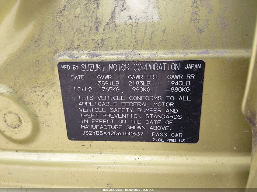 2013 Suzuki Sx4 VIN JS2YB5A42D6100637 IAAI salvage auction — FRONT END, Salvage Title, sold $300 on 2026-07-20 (photo 9)