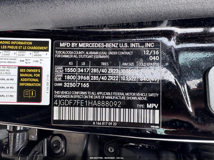 2017 Mercedes-benz Gls-class VIN 4JGDF7FE1HA888092 IAAI salvage auction — UNKNOWN, Original (Maine), sold $6,500 on 2026-07-19 (photo 9)
