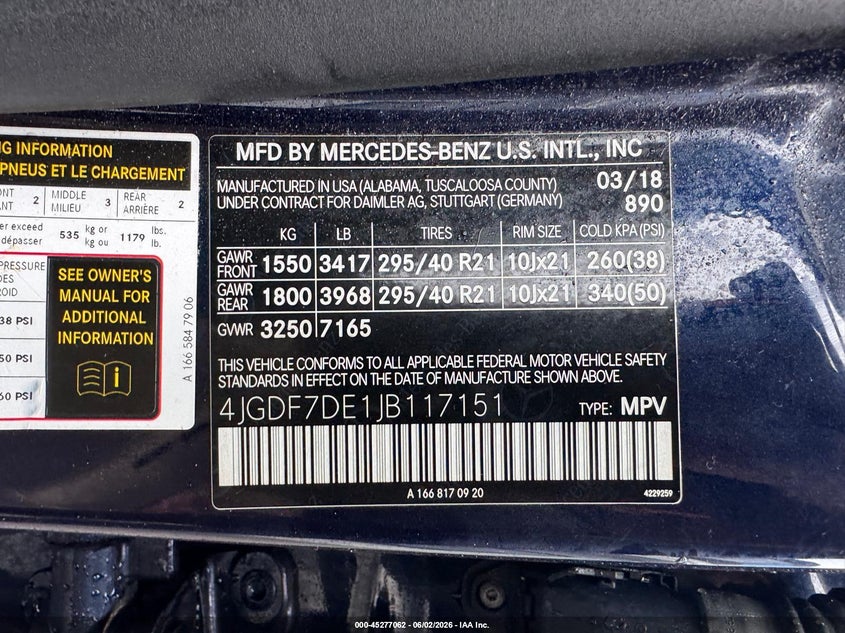 2018 Mercedes-benz Gls-class VIN 4JGDF7DE1JB117151 IAAI salvage auction — UNKNOWN, Clear (Montana), sold $1,325 on 2026-07-15 (photo 9)