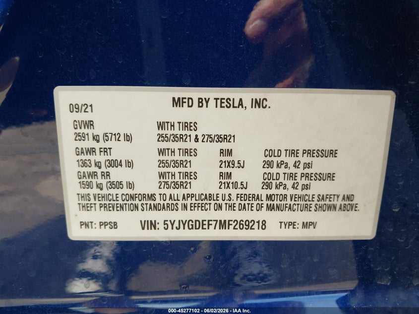 2021 Tesla Model y VIN 5YJYGDEF7MF269218 IAAI salvage auction — HAIL, Salvage Title, sold $16,100 on 2026-07-17 (photo 9)