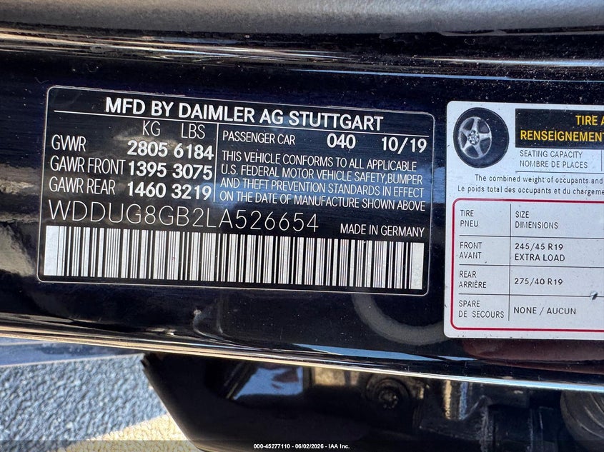2020 Mercedes-benz S class VIN WDDUG8GB2LA526654 IAAI salvage auction — REAR END, Original (New Hampshire), sold $10,225 on 2026-07-15 (photo 9)