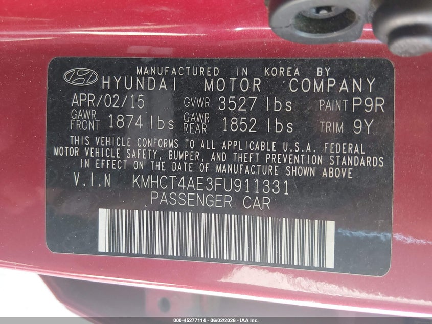 2015 Hyundai Accent VIN KMHCT4AE3FU911331 IAAI salvage auction — NORMAL WEAR, Salvage Title, sold $250 on 2026-07-21 (photo 9)