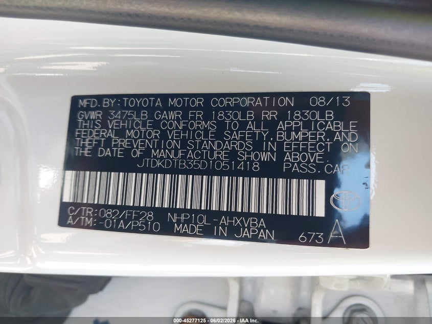 2013 Toyota Prius c VIN JTDKDTB35D1051418 IAAI salvage auction — FRONT END, Salvage Title, sold $1,425 on 2026-07-15 (photo 9)