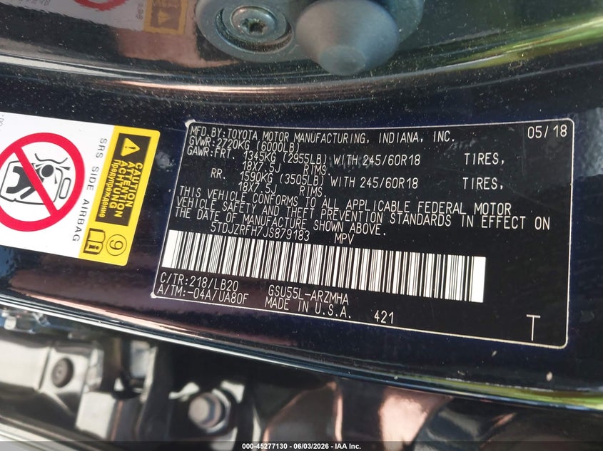 2018 Toyota Highlander VIN 5TDJZRFH7JS879183 IAAI salvage auction — LEFT FRONT, Salvage Title, sold $8,000 on 2026-07-21 (photo 9)