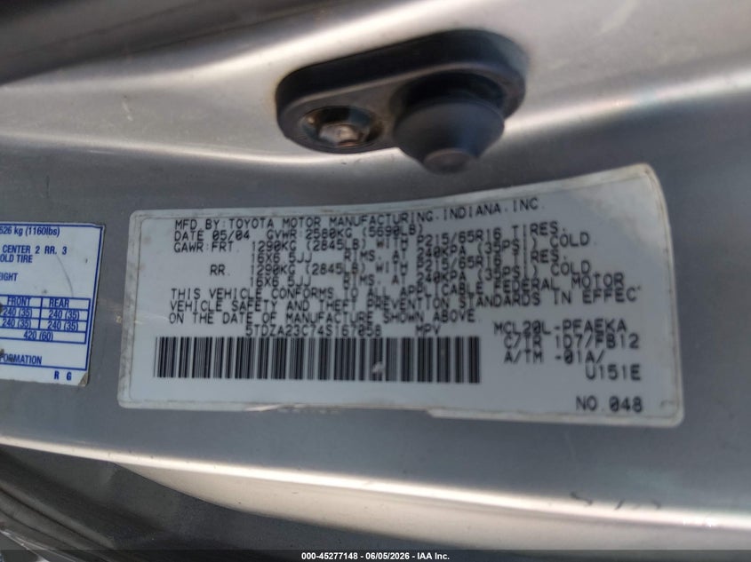 2004 Toyota Sienna VIN 5TDZA23C74S167058 IAAI salvage auction — LEFT FRONT, Salvage (South Carolina), sold $25 on 2026-07-28 (photo 9)