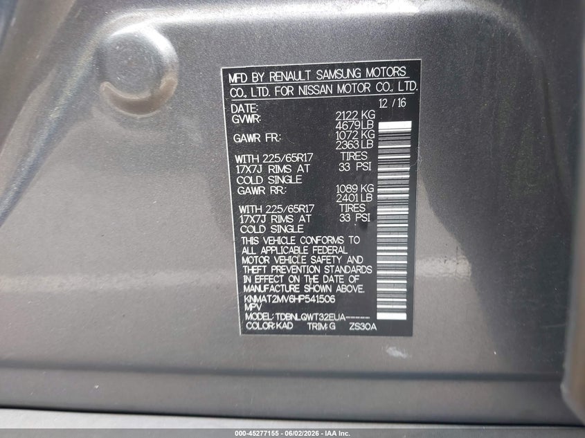 2017 Nissan Rogue VIN KNMAT2MV6HP541506 IAAI salvage auction — RIGHT FRONT, Salvage Title, sold $1,200 on 2026-07-30 (photo 9)
