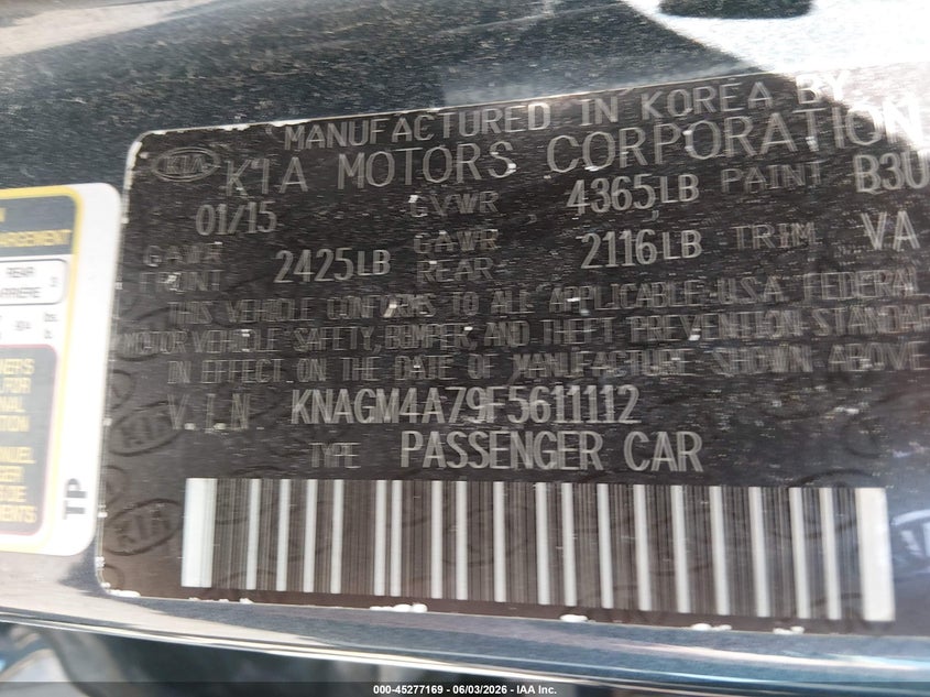 2015 Kia Optima VIN KNAGM4A79F5611112 IAAI salvage auction — FRONT END, Salvage Title, sold $800 on 2026-07-08 (photo 9)