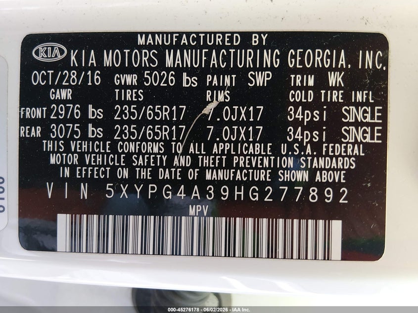 2017 Kia Sorento VIN 5XYPG4A39HG277892 IAAI salvage auction — FRONT END, Salvage Title, sold $1,500 on 2026-07-09 (photo 9)