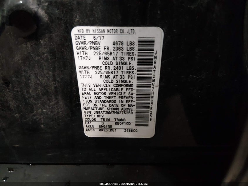 2017 Nissan Rogue VIN JN8AT2MV7HW275259 IAAI salvage auction — FRONT END, Salvage (Iowa), sold $1,300 on 2026-07-21 (photo 9)