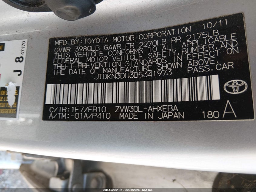 2011 Toyota Prius VIN JTDKN3DU3B5341973 IAAI salvage auction — FRONT END, Clear (Maryland), sold $900 on 2026-07-16 (photo 9)
