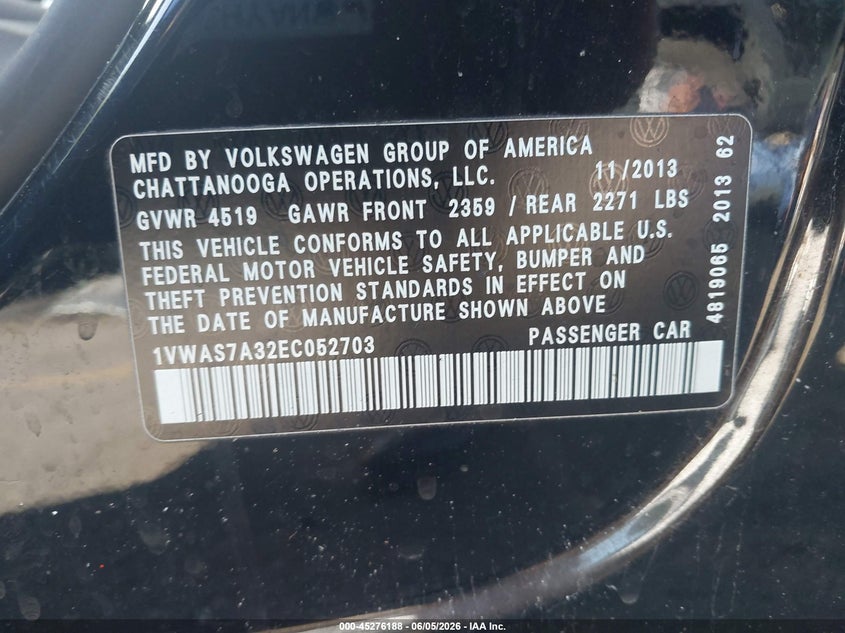 2014 Volkswagen Passat VIN 1VWAS7A32EC052703 IAAI salvage auction — REAR END, Salvage Title, sold $550 on 2026-07-09 (photo 9)