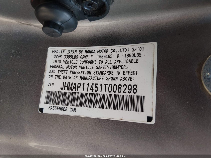 2001 Honda S2000 VIN JHMAP11451T006298 IAAI salvage auction — LEFT FRONT, Salvage (Tennessee), sold $7,450 on 2026-07-08 (photo 9)