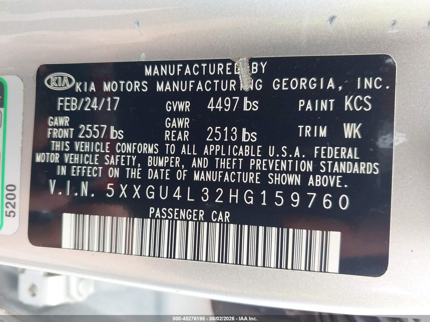 2017 Kia Optima VIN 5XXGU4L32HG159760 IAAI salvage auction — NORMAL WEAR, Clear (Hawaii), sold $825 on 2026-07-28 (photo 9)